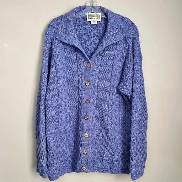 Aran Sweater Market Sweaters - VYG Handmade Cable Knit Wool Fisherman Sweater Cardigan Button Up XL Purple